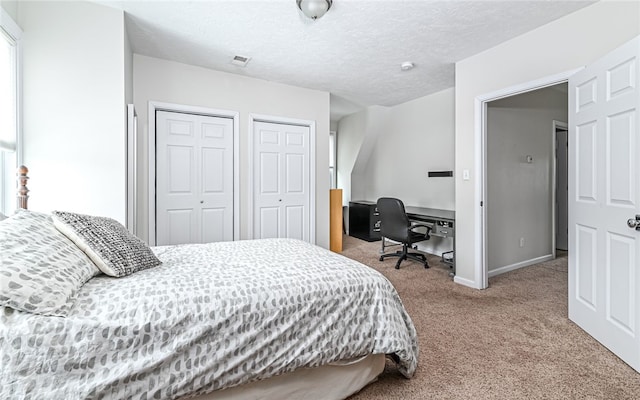 bedroom featuring multiple closets, carpet flooring, and a textured ceiling