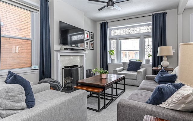 living room featuring ceiling fan