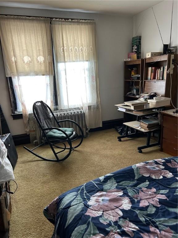 bedroom with radiator heating unit and carpet flooring