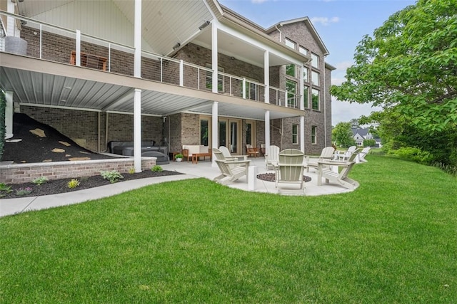 80 Charleston Sq, Bell Acres, PA 15143 - rear view of house featuring a balcony, a patio, a yard, outdoor lounge area, and brick siding