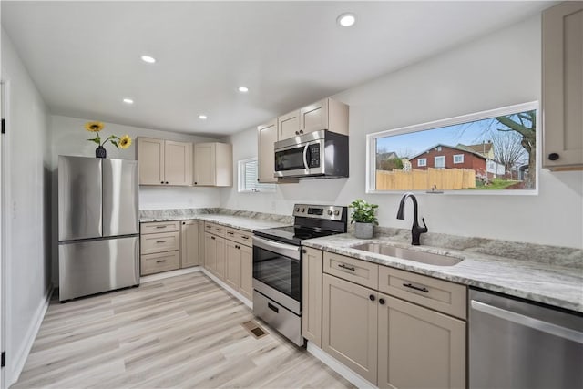 kitchen featuring light stone counters, sink, a wealth of natural light, and appliances with stainless steel finishes