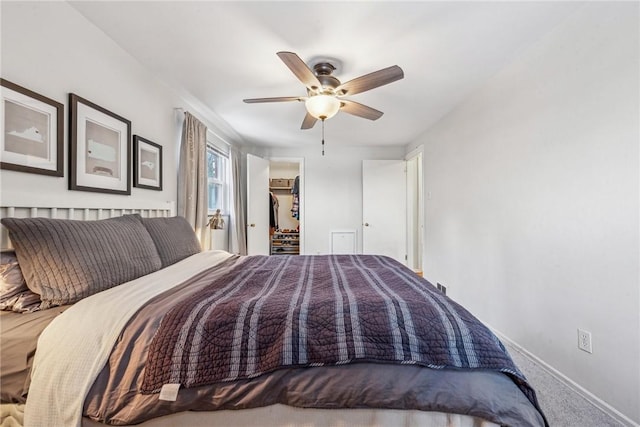 bedroom with a walk in closet, a closet, ceiling fan, and carpet