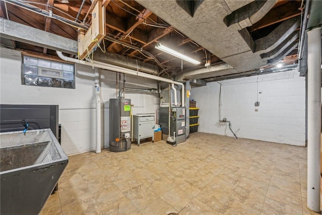 basement with heating unit and water heater