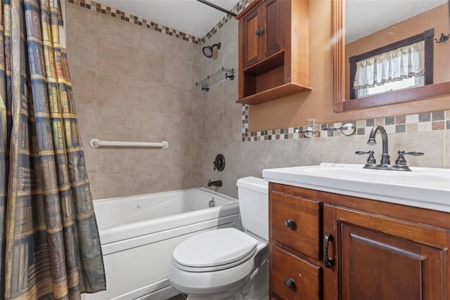 full bathroom with vanity, tile walls, shower / tub combo, and toilet