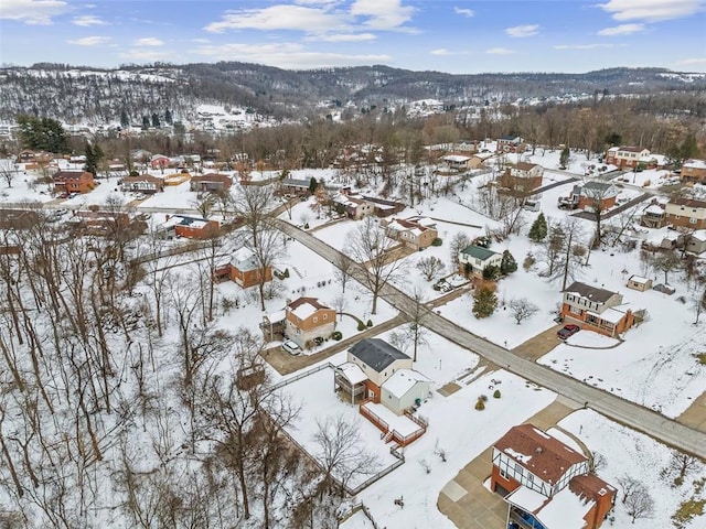 snowy aerial view with a mountain view