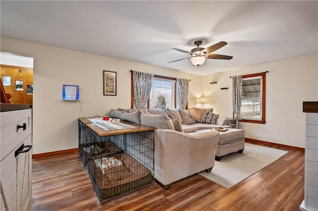 living room with hardwood / wood-style flooring and ceiling fan