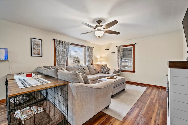 living room featuring ceiling fan and dark hardwood / wood-style floors