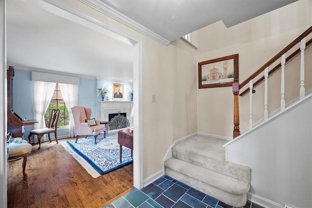 interior space with dark hardwood / wood-style flooring and ornamental molding