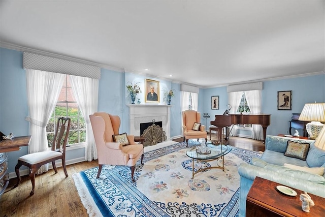 living room featuring hardwood / wood-style floors, crown molding, and a wealth of natural light