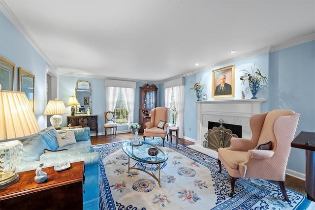 living room featuring ornamental molding and hardwood / wood-style floors