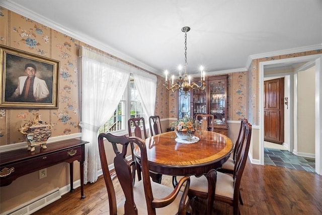 dining room featuring crown molding, a baseboard radiator, hardwood / wood-style floors, and a notable chandelier