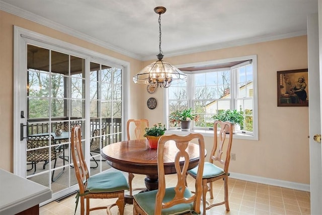 tiled dining room with crown molding and a notable chandelier