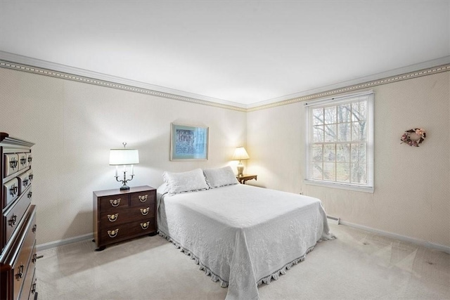 bedroom with crown molding and light colored carpet