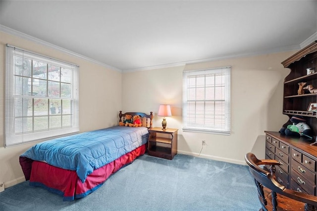 bedroom with crown molding and carpet floors