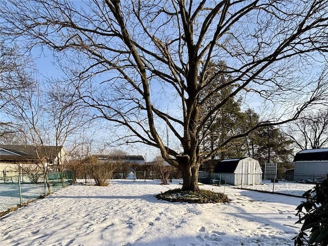 yard layered in snow featuring a shed