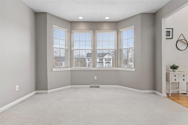 empty room featuring a wealth of natural light, light colored carpet, and a textured ceiling