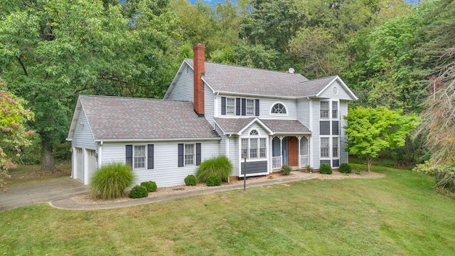 view of front of house featuring a garage and a front lawn