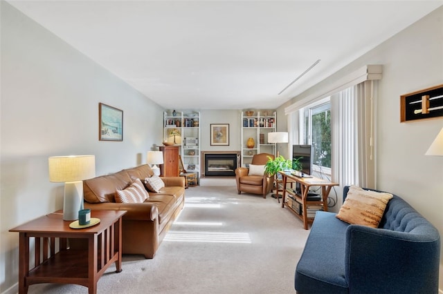 living room featuring light colored carpet