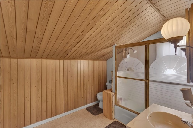 full bathroom with toilet, sink, wood ceiling, shower / bath combination with glass door, and wooden walls