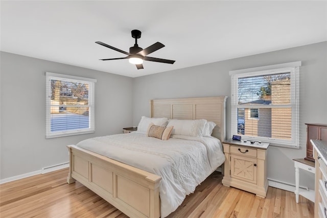 bedroom featuring baseboard heating, ceiling fan, and light wood-type flooring