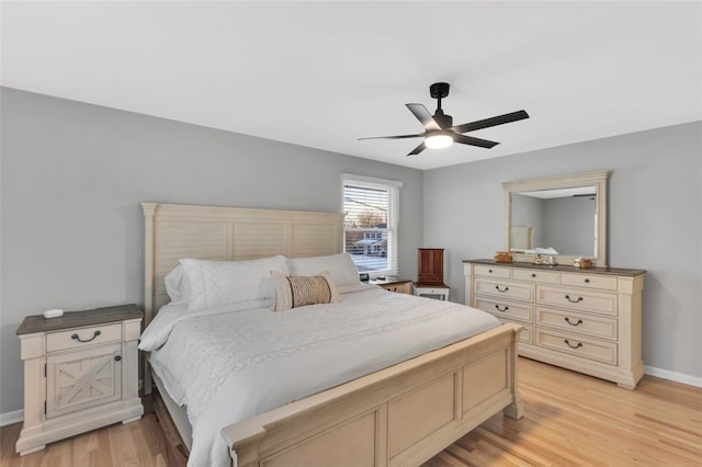 bedroom with ceiling fan and light hardwood / wood-style flooring