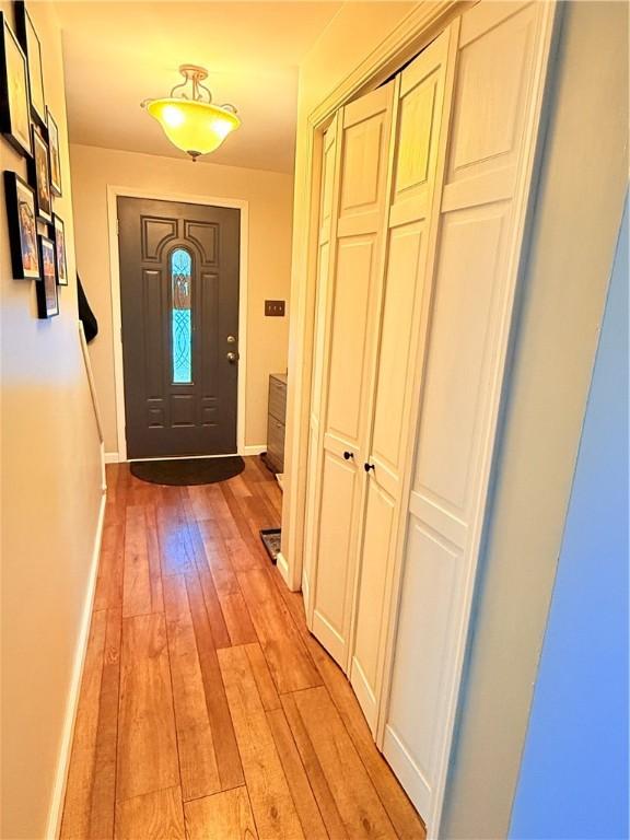 doorway to outside with light wood-type flooring