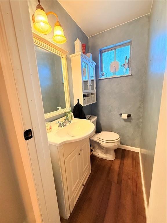 bathroom featuring hardwood / wood-style flooring, vanity, and toilet