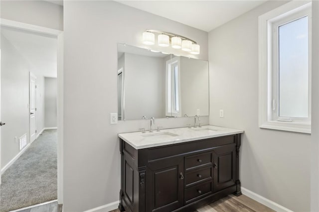 bathroom with vanity and wood-type flooring