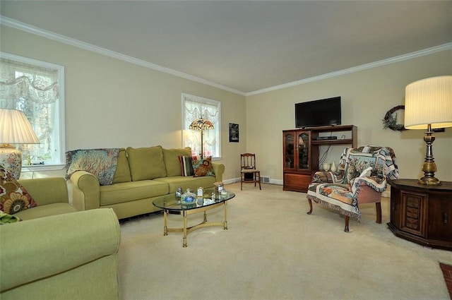 living area featuring crown molding, baseboards, and carpet floors