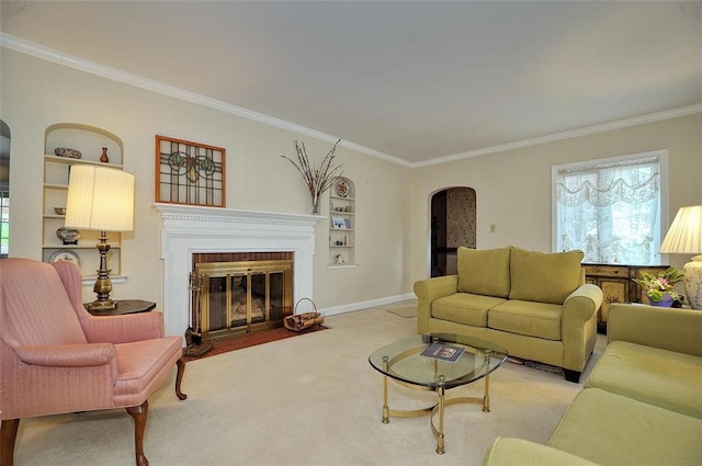 1722 Arlington Rd, Blackridge, PA 15235 - carpeted living room with plenty of natural light, arched walkways, built in shelves, and crown molding