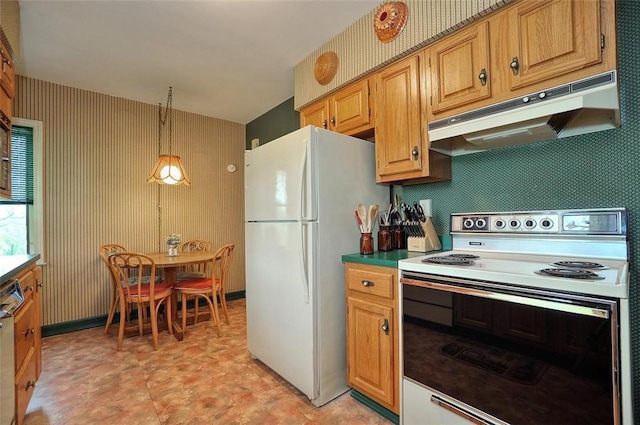 1722 Arlington Rd, Blackridge, PA 15235 - kitchen featuring under cabinet range hood, white appliances, hanging light fixtures, and wallpapered walls