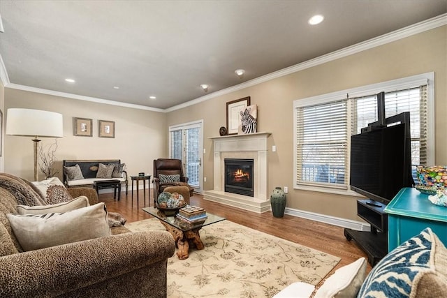 living room featuring crown molding and wood-type flooring