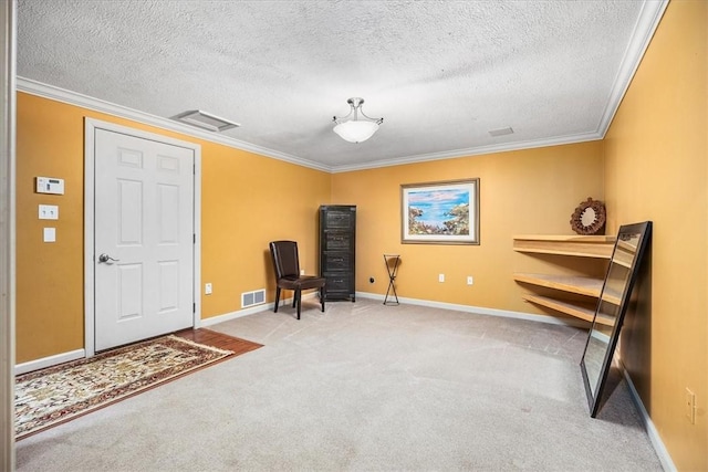 living area featuring carpet floors, ornamental molding, and a textured ceiling