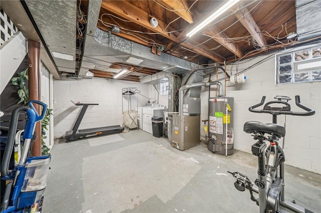 basement featuring water heater and heating unit