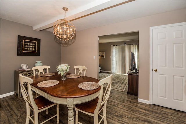 dining area with beam ceiling, dark wood-type flooring, and a chandelier