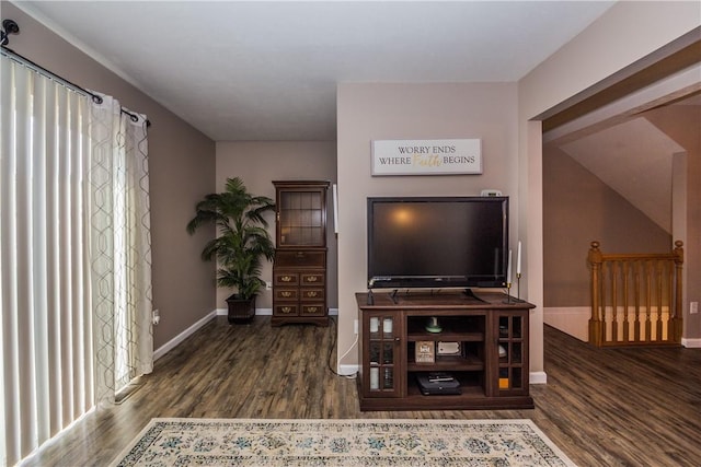 living room featuring a healthy amount of sunlight and dark wood-type flooring