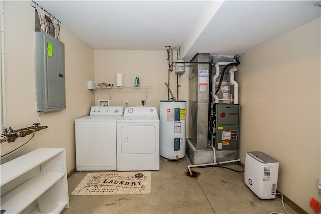 washroom with washer and dryer, heating unit, electric panel, and water heater