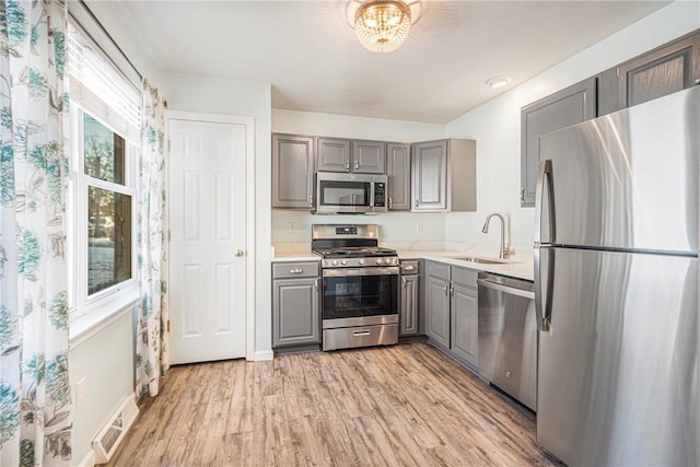 kitchen with gray cabinets, sink, stainless steel appliances, plenty of natural light, and light hardwood / wood-style flooring