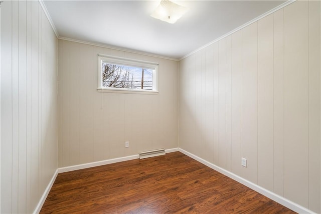 unfurnished room with crown molding and dark hardwood / wood-style flooring