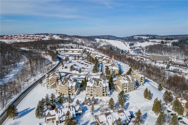 snowy aerial view with a mountain view