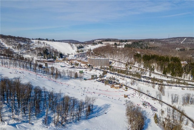 snowy aerial view featuring a mountain view