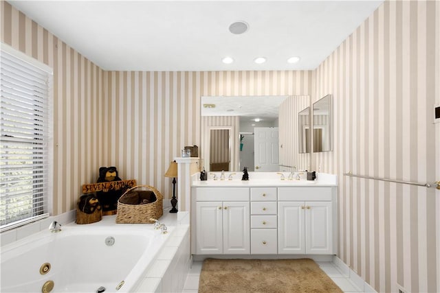 bathroom with vanity, shower with separate bathtub, and tile patterned flooring