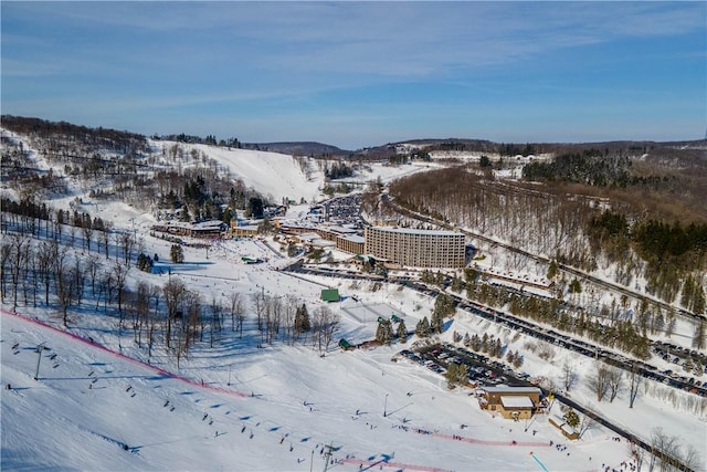 snowy aerial view with a mountain view