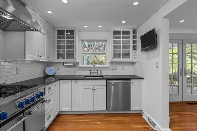 kitchen with ventilation hood, white cabinetry, sink, and stainless steel appliances