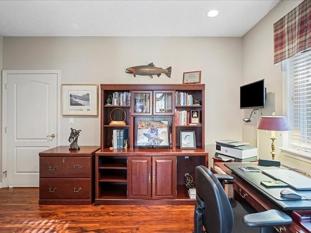 home office featuring dark hardwood / wood-style floors