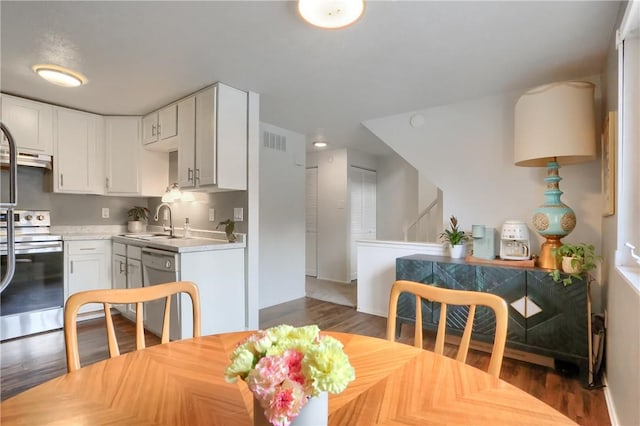 kitchen featuring white cabinetry, stainless steel appliances, dark hardwood / wood-style flooring, and sink