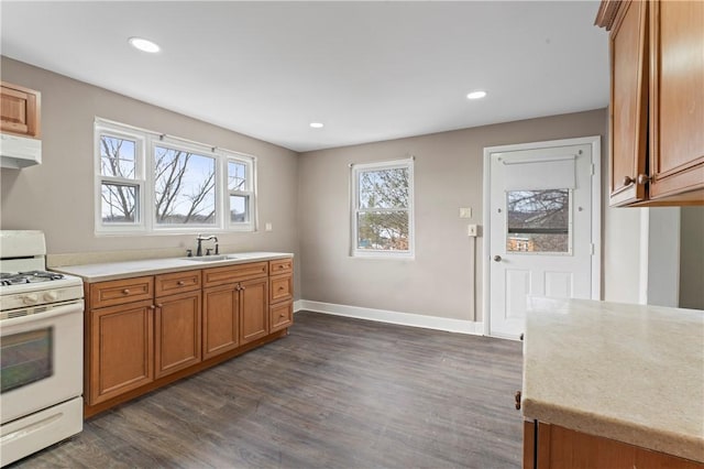 kitchen featuring dark wood-type flooring, sink, and gas range gas stove