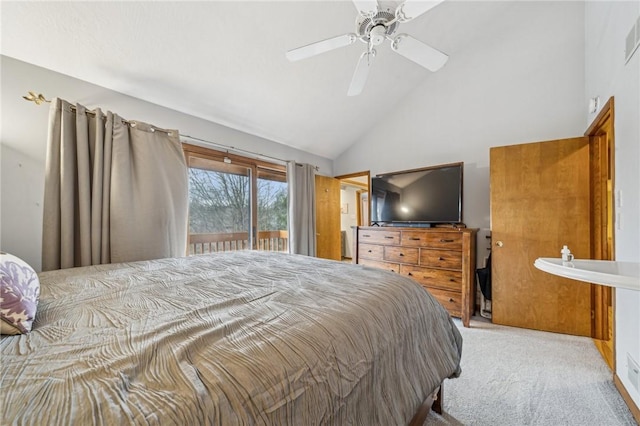 carpeted bedroom with access to outside, high vaulted ceiling, and ceiling fan