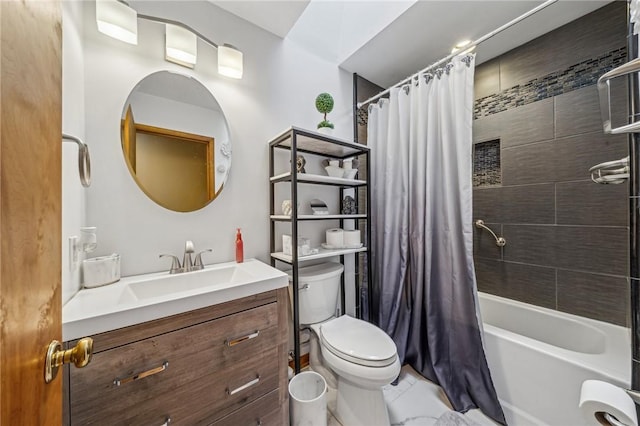 full bathroom featuring vanity, shower / bath combination with curtain, and toilet