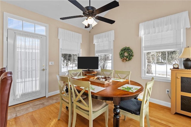 dining space with ceiling fan and light wood-type flooring